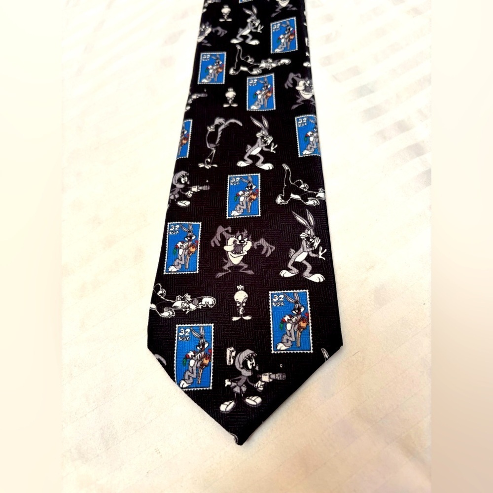 Looney Tunes Stamp Collection 1997 Bugs Bunny Taz Marvin Black Blue Tie Necktie